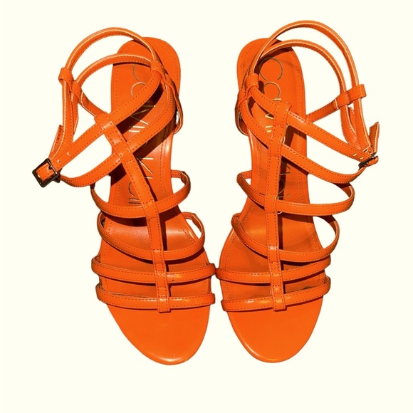 Calvin Klein Size 8 Racina 4” Heel Strappy Sandals Bright Orange Nearly New - Picture 1 of 7